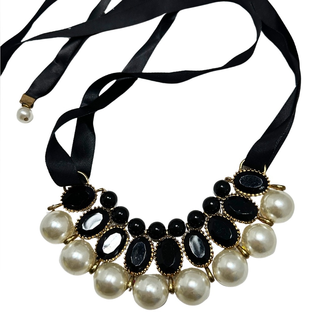 PEARL STATEMENT CHOKER Necklace Faux Pearls & Black Faceted Cabochons Ribbon Tie